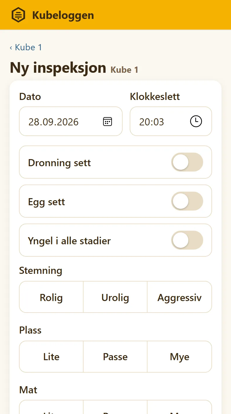 Skjemaet for ny inspeksjon med store brytere for dronning sett, egg sett, stemning, plass og mat