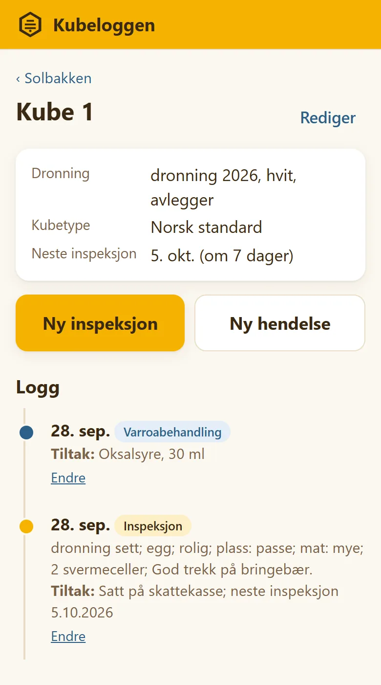Kubesiden med dronning, neste inspeksjon og loggen som tidslinje