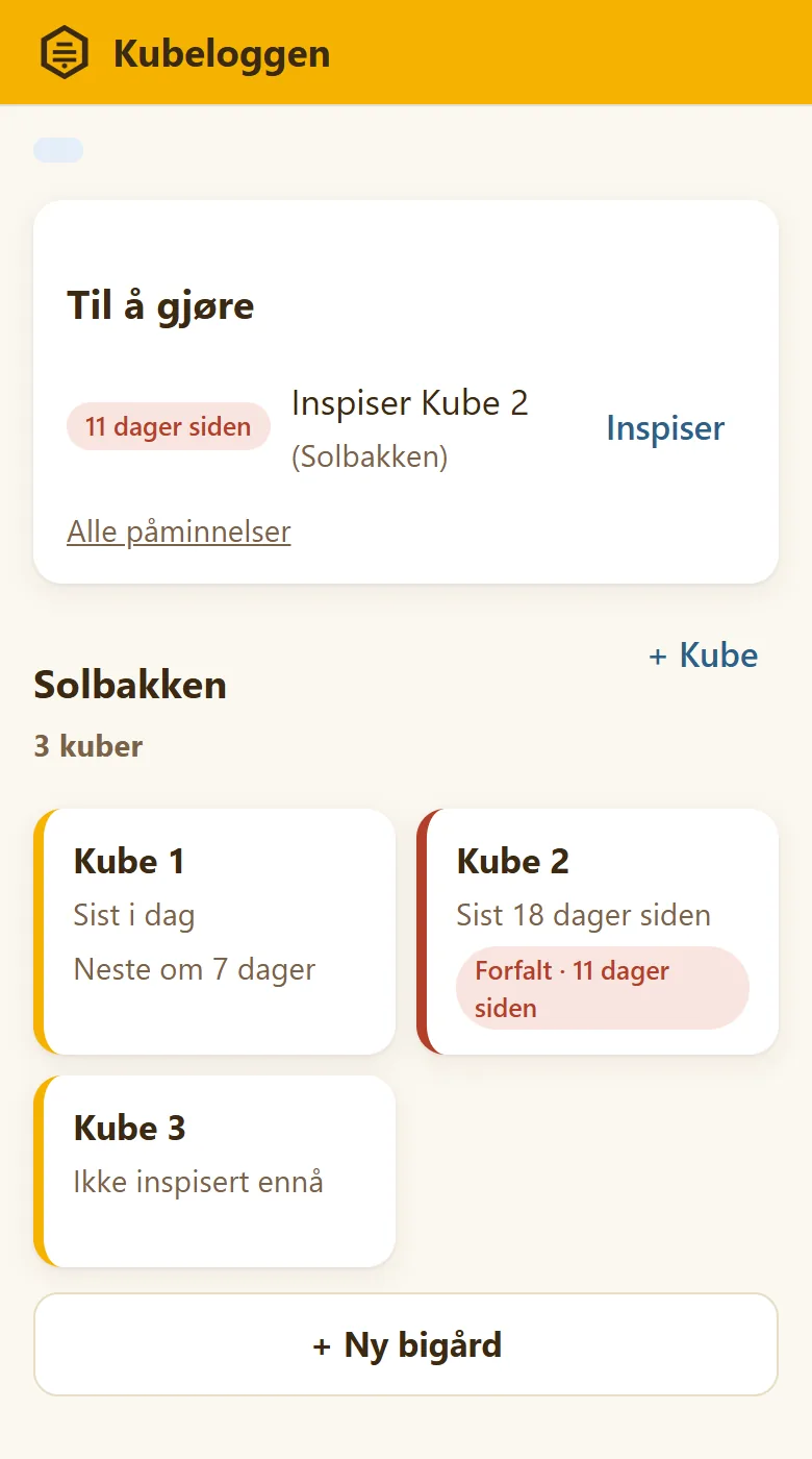 Oversikten: bigården med kubene, og «Til å gjøre» med forfalte inspeksjoner